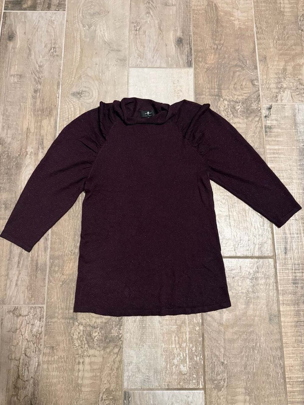 7 For All Mankind Purple Metallic Shimmer Mock Neck Puff Shoulder Top Small